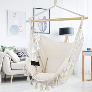 WBHome Extra Large Hammock Chair Swing with Hardware Kit, Hanging Macrame Chair Cotton Canvas, Include Carry Bag & Two Soft Seat Cushions, for Bedroom Indoor Outdoor, Max. Weight 330 Lbs (Beige)