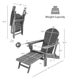 Giantex Folding Adirondack Chair, HDPE Patio Chairs Fire Pit Lounge Chair W/Retractable Ottoman & Cup Holder, Weatherproof Outdoor Adirondack Chairs for Porch, Garden, Backyard (2, Gray)