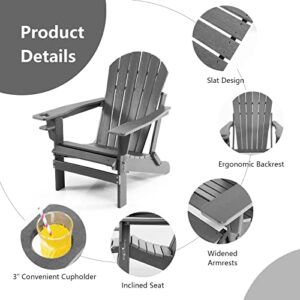 Giantex Folding Adirondack Chair, HDPE Patio Chairs Fire Pit Lounge Chair W/Retractable Ottoman & Cup Holder, Weatherproof Outdoor Adirondack Chairs for Porch, Garden, Backyard (2, Gray)