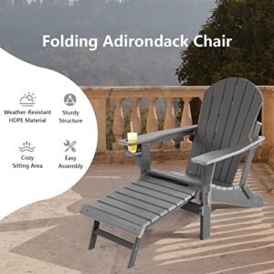 Giantex Folding Adirondack Chair, HDPE Patio Chairs Fire Pit Lounge Chair W/Retractable Ottoman & Cup Holder, Weatherproof Outdoor Adirondack Chairs for Porch, Garden, Backyard (2, Gray)