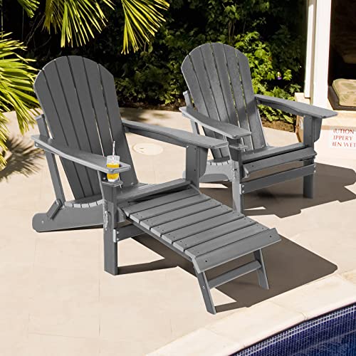 Giantex Folding Adirondack Chair, HDPE Patio Chairs Fire Pit Lounge Chair W/Retractable Ottoman & Cup Holder, Weatherproof Outdoor Adirondack Chairs for Porch, Garden, Backyard (2, Gray)