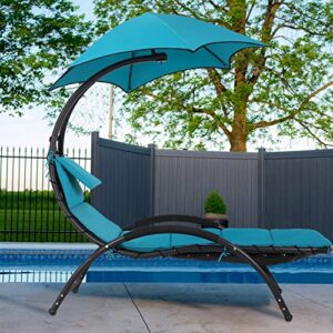 yewuli outdoor chair with canopy patio recliner lounger chair arc stand with waterproof canopy and cushion, patio chaise with headrest for garden backyard poolside (blue)