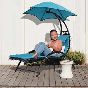 Yewuli Outdoor Chair with Canopy Patio Recliner Lounger Chair Arc Stand with Waterproof Canopy and Cushion, Patio Chaise with Headrest for Garden Backyard Poolside (Blue)