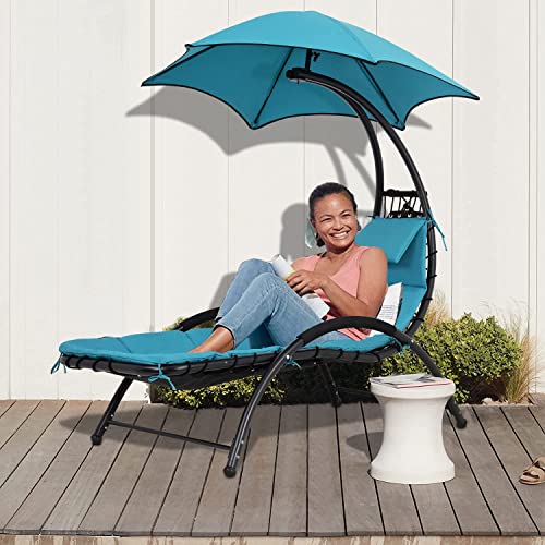 Yewuli Outdoor Chair with Canopy Patio Recliner Lounger Chair Arc Stand with Waterproof Canopy and Cushion, Patio Chaise with Headrest for Garden Backyard Poolside (Blue)