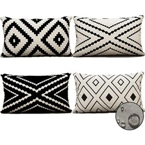 outdoor black white pillow cover waterproof, boho aztec double printed throw pillow covers, decorative geometric modern cushion covers for garden patio furniture couch sofa home,12×20 inch, set of 4