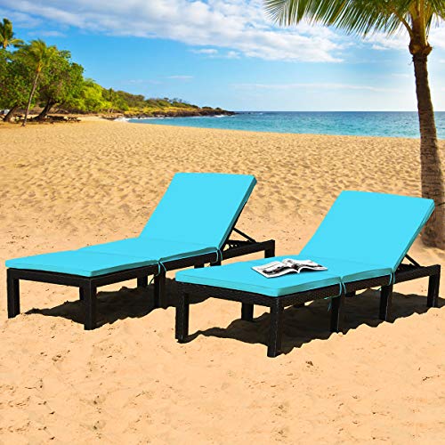 Tangkula Patio Wicker Lounge Chair, Outdoor Rattan Adjustable Reclining Backrest Lounger Chairs, Modern Outside Rattan Chaise with Seating and Back Cushion (2, Turquoise)