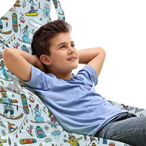 ambesonne winter lounger chair bag, seasonal sports skiing boy mountain ice snowman alpine vacation childish theme, high capacity storage with handle container, lounger size, multicolor