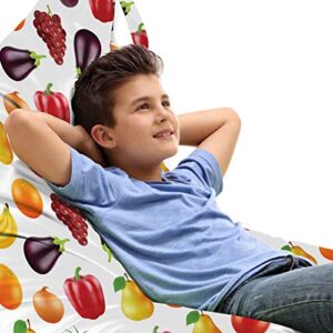ambesonne fruits and vegetables lounger chair bag, pear grapes eggplant plum peppers onions bananas orange tomatoes, high capacity storage with handle container, lounger size, multicolor
