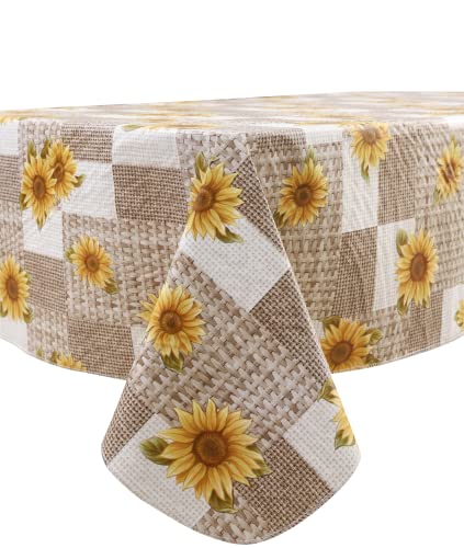 LIBERECOO Vinyl Tablecloth Flannel Backed Stain-Resistant PVC Table Cloth Waterproof Oil-Proof Wipeable Indoor/Outdoor Picnic, BBQ and Dining Table Cover(60 x 84 Inch, Sunflower)