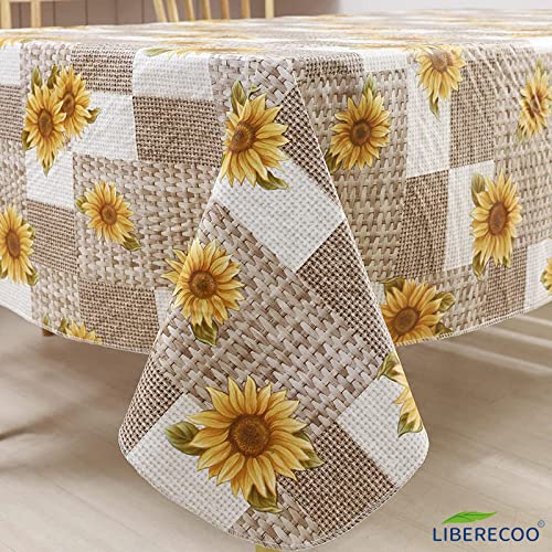 LIBERECOO Vinyl Tablecloth Flannel Backed Stain-Resistant PVC Table Cloth Waterproof Oil-Proof Wipeable Indoor/Outdoor Picnic, BBQ and Dining Table Cover(60 x 84 Inch, Sunflower)