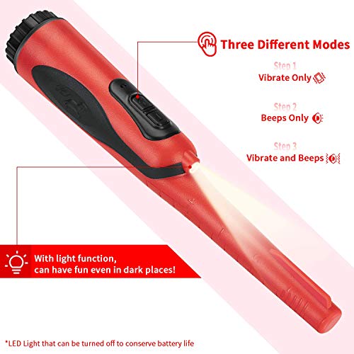 Fully Waterproof Portable Pinpointing Gold Metal Detector with LED Flashlight, 360 Degree Searching Pinpointer, IP68 Underwater to 5m/16.4feet Treasure Hunter for Adults and Kids, Three Modes, Red