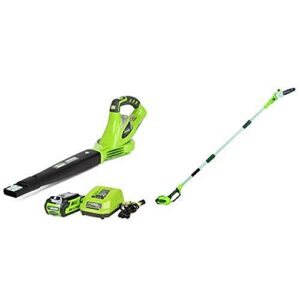 greenworks 40v 150 mph variable speed cordless blower, 2.0 ah battery included 24252 with 8.5′ 40v cordless pole saw, 2.0 ah battery included 20672