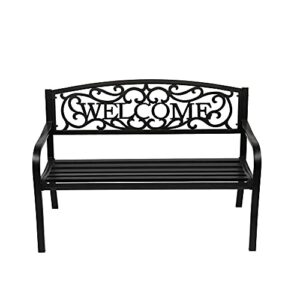 dkeli garden patio bench outdoor metal park bench furniture sturdy cast iron 50″ porch chair seat with armrests 480bls bearing capacity for park yard deck entryway, black