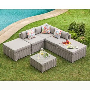 cosiest 6-piece outdoor furniture set warm gray wicker sectional sofa w thick cushions, glass coffee table, 2 ottomans, 3 floral fantasy pillows for garden, pool, backyard­