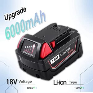 18V 6.0 Ah Replacement Lithium Battery for Milwaukee M18 Battery for Milwaukee 18V Battery 48-11-1815 48-11-1820 48-11-1828 48-11-1850 48-11-1840 Compatible with Milwaukee 18V Cordless Power Tools