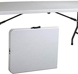 Ontario Furniture 8 Foot Plastic Folding Table - Folds in Half with a Carrying Handle � Rectangular - Lightweight and Portable - White Resin with Sturdy Steel Frame - 30"x 96"