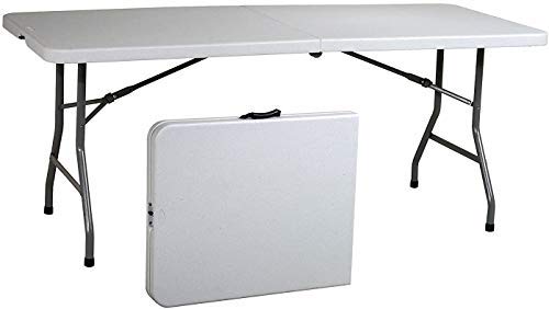 Ontario Furniture 8 Foot Plastic Folding Table - Folds in Half with a Carrying Handle � Rectangular - Lightweight and Portable - White Resin with Sturdy Steel Frame - 30"x 96"