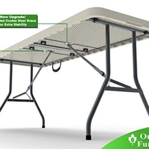 Ontario Furniture 8 Foot Plastic Folding Table - Folds in Half with a Carrying Handle � Rectangular - Lightweight and Portable - White Resin with Sturdy Steel Frame - 30"x 96"