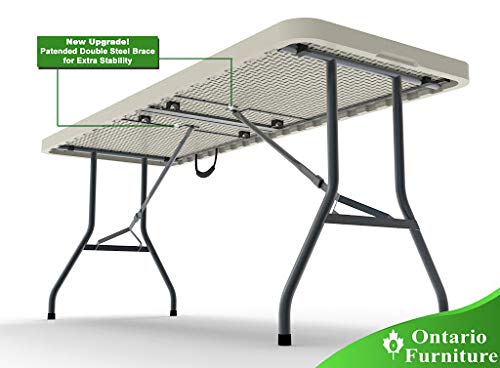 Ontario Furniture 8 Foot Plastic Folding Table - Folds in Half with a Carrying Handle � Rectangular - Lightweight and Portable - White Resin with Sturdy Steel Frame - 30"x 96"