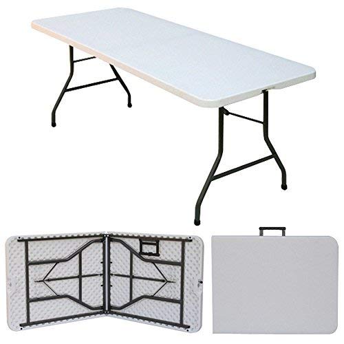 Ontario Furniture 8 Foot Plastic Folding Table - Folds in Half with a Carrying Handle � Rectangular - Lightweight and Portable - White Resin with Sturdy Steel Frame - 30"x 96"