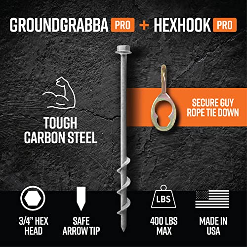 GROUNDGRABBA Ground Anchor Screw Kit - 4X Hexhooks & 4X 1 Ft Ground Anchors Heavy Duty for High Winds | Ground Anchor Kit for Swing Sets | Screw in Anchor for Pop-Up Canopy, Tents and More