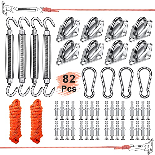 Coolyard 82 Pcs Sun Sail Shade Hardware Kit,Shade Sail Installation Kit 6 inch with Paracord Ropes for Triangle Rectangle Square Sun Shade Sails