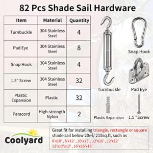 Coolyard 82 Pcs Sun Sail Shade Hardware Kit,Shade Sail Installation Kit 6 inch with Paracord Ropes for Triangle Rectangle Square Sun Shade Sails