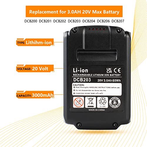 DEWQKI Upgraded 3.0Ah 20V Battery DCB203 Replacement for Dewalt 20V Battery DCB180 DCB200 DCB201 DCB204 DCB206 DCB207 DCD/DCF/DCG Series - Li-ion 2 Pack