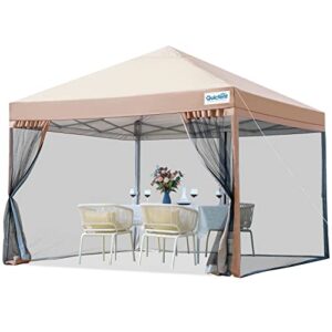 quictent 10’x10′ pop up canopy tent with netting, outdoor instant portable gazebo ez up screen house room tent -fully sealed, waterproof & sand bags included (tan)