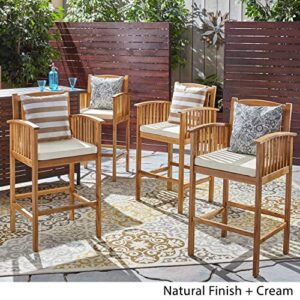 Christopher Knight Home Gill Acacia Patio Bar Stools, 46", Bar-Height, Acacia Wood, Natural Stain with Cream Cushions (Set of 4)