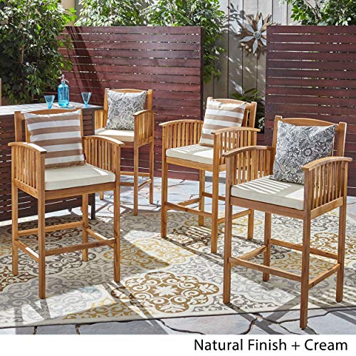 Christopher Knight Home Gill Acacia Patio Bar Stools, 46", Bar-Height, Acacia Wood, Natural Stain with Cream Cushions (Set of 4)