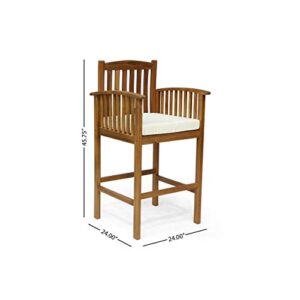 Christopher Knight Home Gill Acacia Patio Bar Stools, 46", Bar-Height, Acacia Wood, Natural Stain with Cream Cushions (Set of 4)