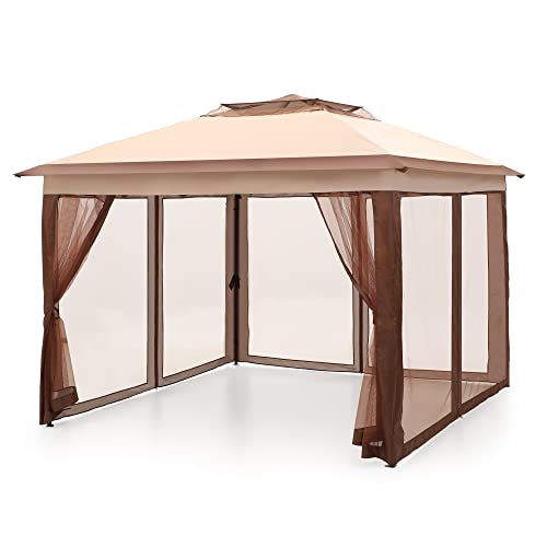 PHI VILLA 11x11ft Pop-Up Portable Instant Gazebo Canopy Tent with Mosquito Netting Outdoor Canopy Shelter with 121 Square Feet of Shade,Beige