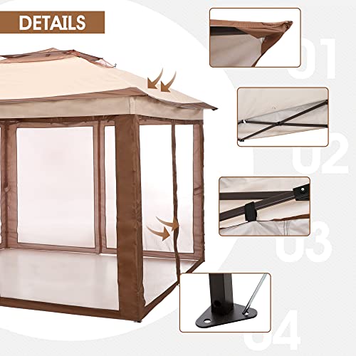 PHI VILLA 11x11ft Pop-Up Portable Instant Gazebo Canopy Tent with Mosquito Netting Outdoor Canopy Shelter with 121 Square Feet of Shade,Beige