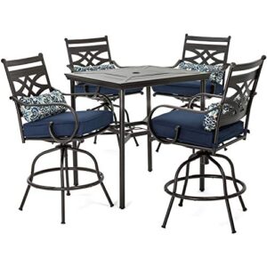 hanover 5-piece high navy blue montclair weather outdoor counter-height patio dining set, 4 cushioned swivel chairs and 33″ square stamped rectangle table
