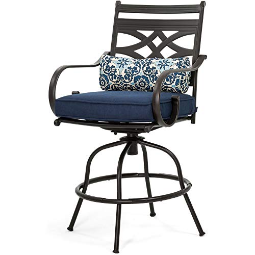 Hanover 5-Piece High Navy Blue Montclair Weather Outdoor Counter-Height Patio Dining Set, 4 Cushioned Swivel Chairs and 33" Square Stamped Rectangle Table