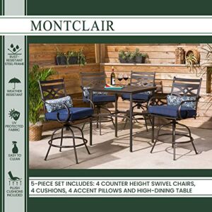 Hanover 5-Piece High Navy Blue Montclair Weather Outdoor Counter-Height Patio Dining Set, 4 Cushioned Swivel Chairs and 33" Square Stamped Rectangle Table