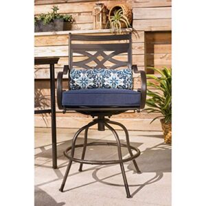 Hanover 5-Piece High Navy Blue Montclair Weather Outdoor Counter-Height Patio Dining Set, 4 Cushioned Swivel Chairs and 33" Square Stamped Rectangle Table