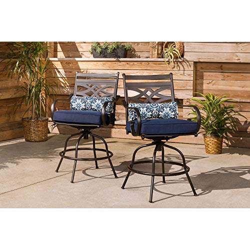 Hanover 5-Piece High Navy Blue Montclair Weather Outdoor Counter-Height Patio Dining Set, 4 Cushioned Swivel Chairs and 33" Square Stamped Rectangle Table