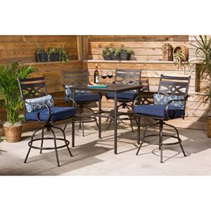 Hanover 5-Piece High Navy Blue Montclair Weather Outdoor Counter-Height Patio Dining Set, 4 Cushioned Swivel Chairs and 33" Square Stamped Rectangle Table