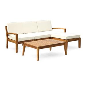 christopher knight home grenada sectional sofa set | 5-piece 3-seater | includes coffee table and ottoman | acacia wood frame | water-resistant cushions | teak and beige, finish
