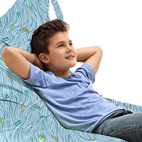 Ambesonne Nautical Lounger Chair Bag, Ships and Sailboats Ocean Waves Marine Sea Repetition, High Capacity Storage with Handle Container, Lounger Size, Azure Blue and Multicolor