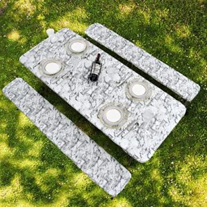 lifesmells 3pcs picnic table & benches cover, fitted tablecloth with bench covers, vinyl, elastic, checkered, oil&waterproof for camping, dining, outdoor, park, patio,marble light grey 72×30”/72×12”