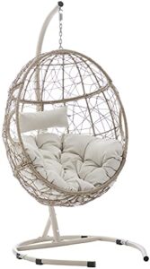 crosley furniture ko70230lb cleo indoor/outdoor wicker hanging egg chair with stand, light brown with sand cushions