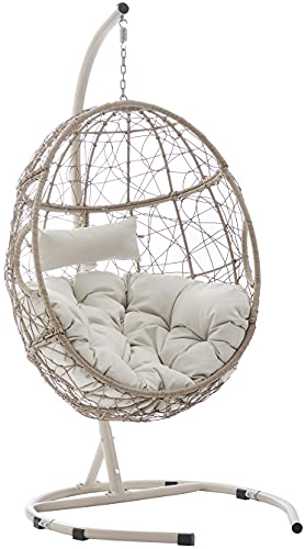 Crosley Furniture KO70230LB Cleo Indoor/Outdoor Wicker Hanging Egg Chair with Stand, Light Brown with Sand Cushions