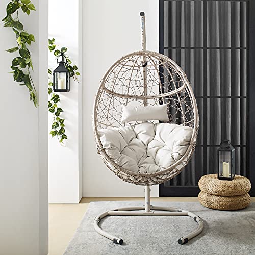 Crosley Furniture KO70230LB Cleo Indoor/Outdoor Wicker Hanging Egg Chair with Stand, Light Brown with Sand Cushions