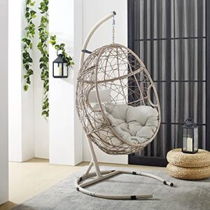 Crosley Furniture KO70230LB Cleo Indoor/Outdoor Wicker Hanging Egg Chair with Stand, Light Brown with Sand Cushions