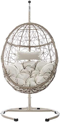 Crosley Furniture KO70230LB Cleo Indoor/Outdoor Wicker Hanging Egg Chair with Stand, Light Brown with Sand Cushions