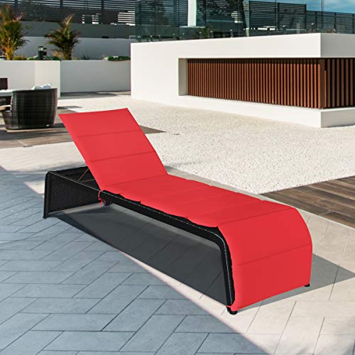 Tangkula Outdoor Chaise Lounge Chair, 5-Position Adjustable Rattan Recliner Chair w/Cushioned Seating and Adjustable Feet, Multifunctional Couch Furniture for Garden, Patio, Poolside (1, Red)