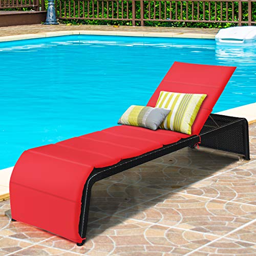 Tangkula Outdoor Chaise Lounge Chair, 5-Position Adjustable Rattan Recliner Chair w/Cushioned Seating and Adjustable Feet, Multifunctional Couch Furniture for Garden, Patio, Poolside (1, Red)